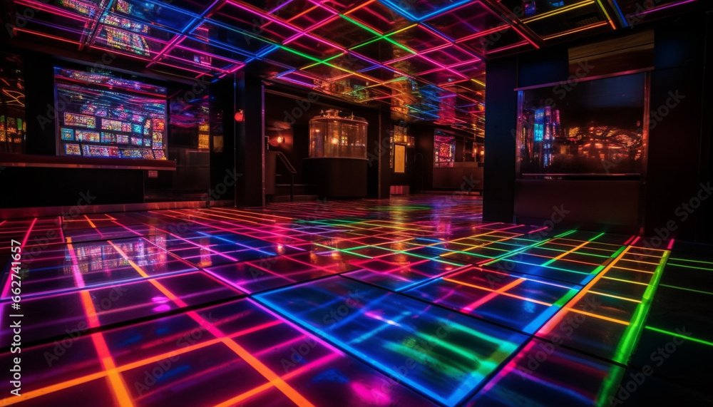 Vibrant nightclub with modern architecture, abstract lighting, and futuristic design generated by AI
