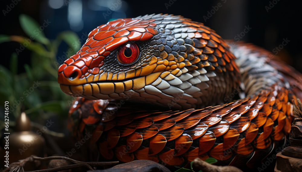 Fototapeta premium Snake in nature, reptile eye, endangered species, tropical rainforest, spooky portrait generated by AI