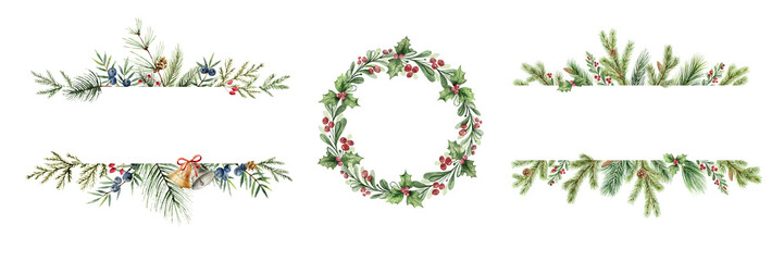 Christmas fir branches frame set. Xmas border, round frame, holiday template for greeting card and invitation. Watercolor hand painted  illustration.