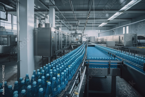 Line of Plastic water bottling beverages in plastic bottles factory on conveyor. Beverage factory
