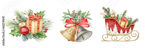 Watercolor set of clipart with Christmas arrangement clipart, sledges, bells, gifts. Festive illustrations for greeting cards and invitations. Hand drawn illustration.