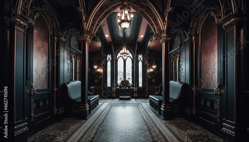 Inside of a dark  old fashioned chapel  the gothic architecture illuminates elegance generated by AI