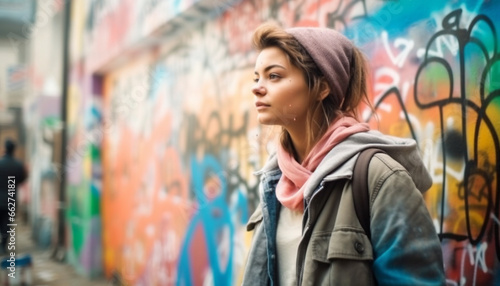 Young woman in casual clothing standing in front of graffiti wall generated by AI