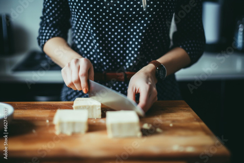 Anonymous Woman Cutting Tofu in the Kitchen