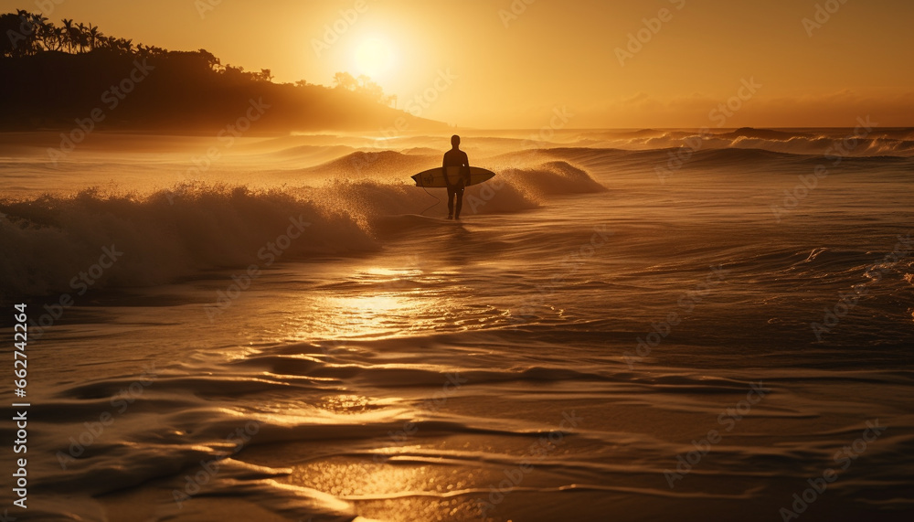 Men surfing waves at sunset, enjoying the beauty of nature generated by AI