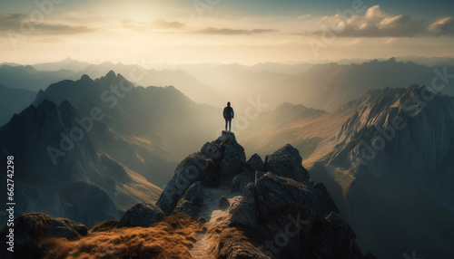 Standing on mountain peak, one person conquering adversity, achieving success generated by AI