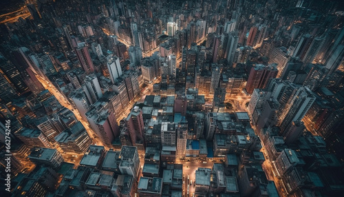 Nighttime cityscape of a modern financial district, illuminated and crowded generated by AI © Stockgiu