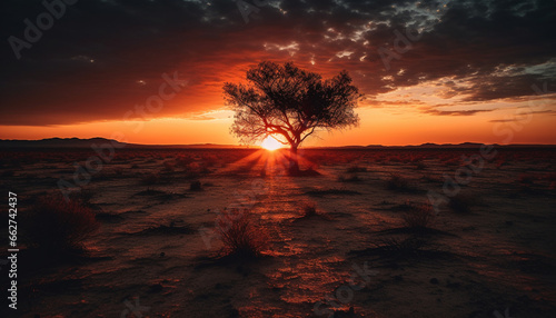 Silhouette of acacia tree backlit by orange sunset over savannah generated by AI © Stockgiu