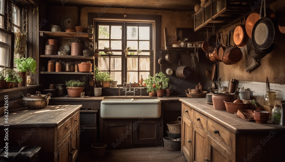 Modern rustic kitchen design with clean stainless steel appliances and pottery generated by AI - obrazy, fototapety, plakaty 