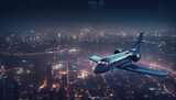 Modern commercial airplane taking off over glowing city skyline at dusk generated by AI