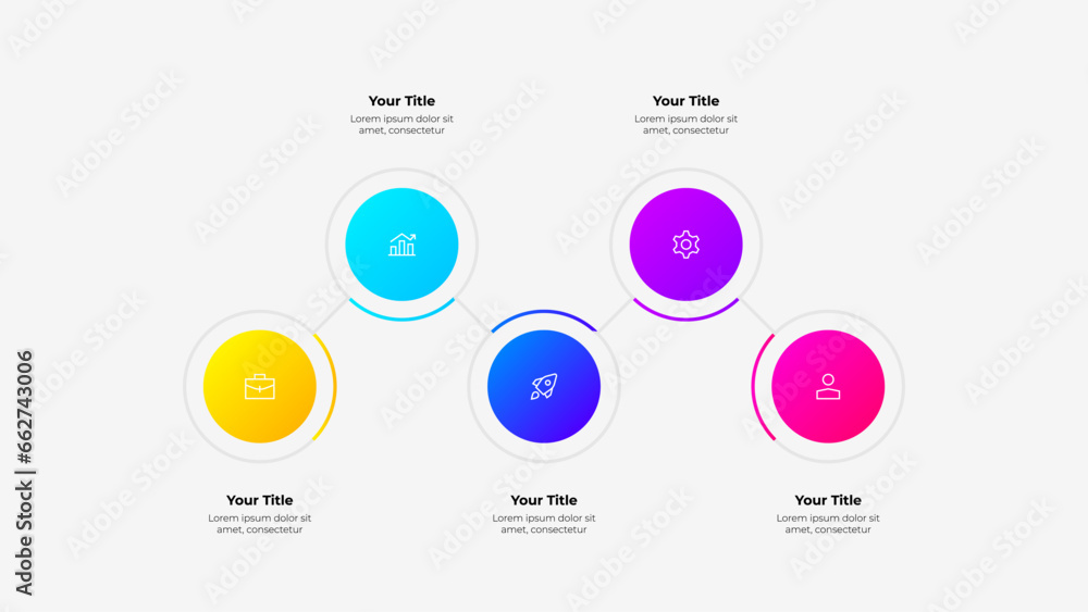 Fototapeta premium Vector horizontal infographic template with 5 circles connected by thin lines