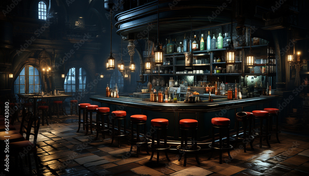 Modern bar with elegant decor, illuminated by electric lamps at night generated by AI