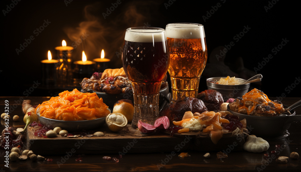 Obraz premium Freshness and heat fill the table with grilled meat and beer generated by AI