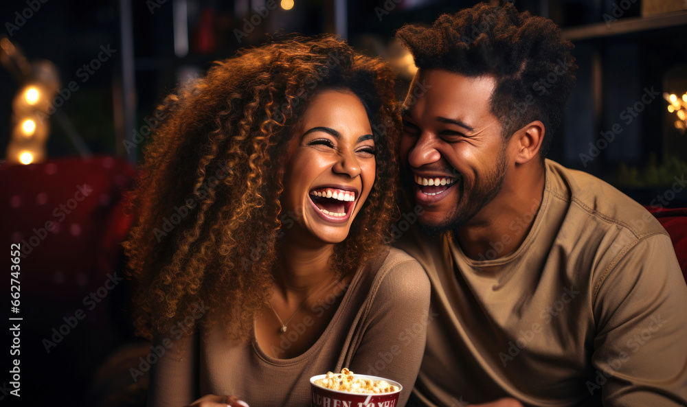 Young black couple in love watching movie at home and laughing, romance and love concept