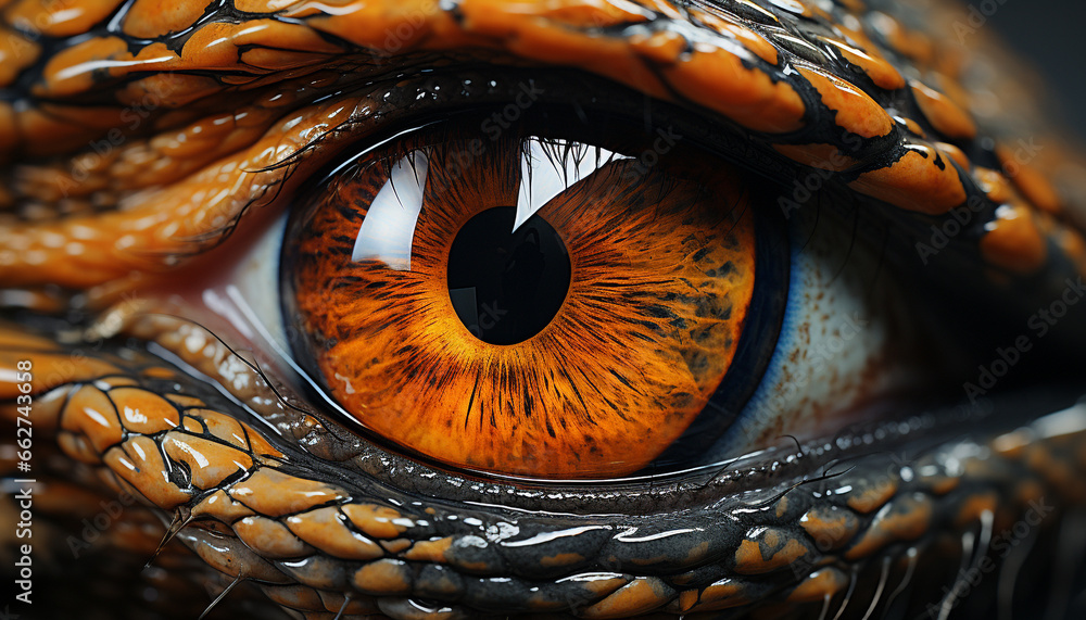Animal eye staring, macro beauty in nature, vibrant colors watching generated by AI