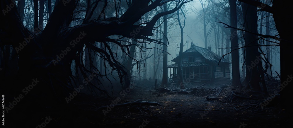 Mysterious house in dark isolated woods With copyspace for text