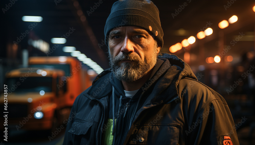 Confident man in winter cap, looking at camera in city generated by AI Confident man in winter cap, looking at camera in city generated by AI