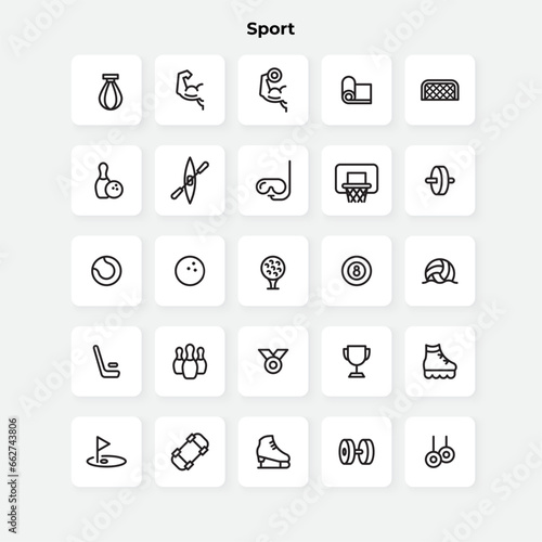 Sport outline icons set. Basketball, bowling, fitness and other elements