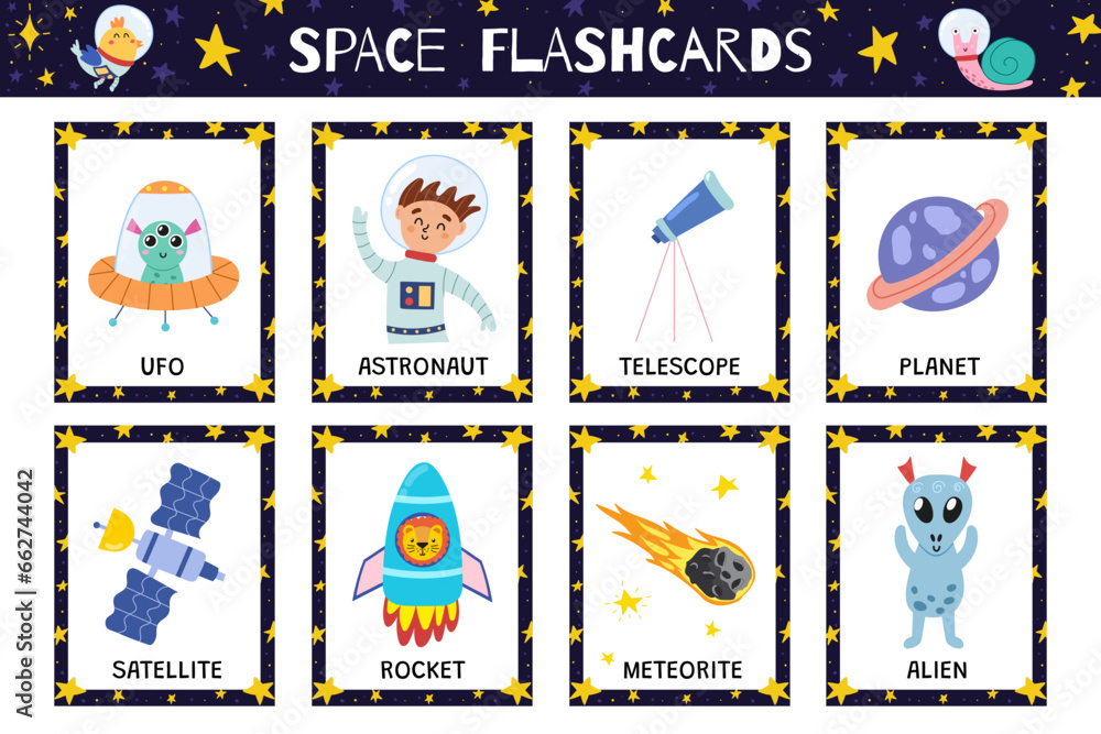 Space flashcards collection with cute planet characters. The Solar ...