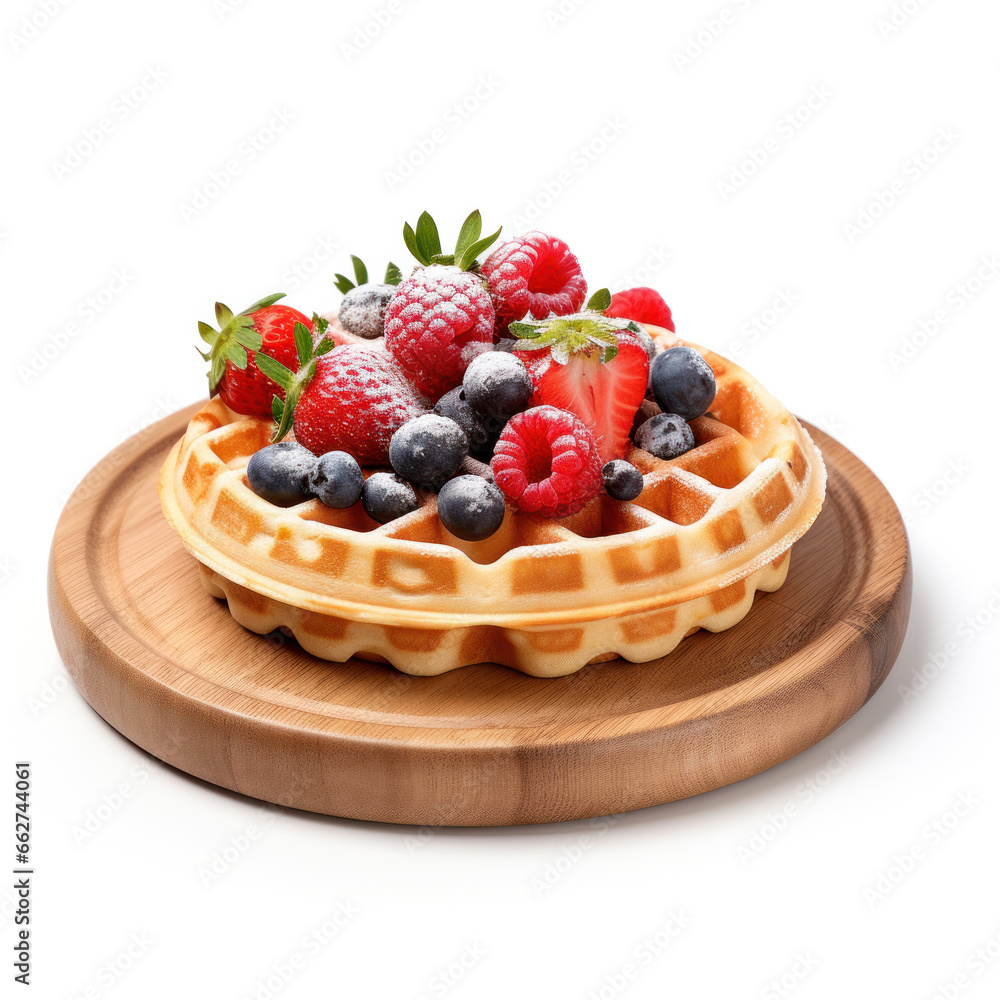 plate of waffles decorated with sauce and fresh berries isolated on white background plate of waffles decorated with sauce and fresh berries isolated on white background