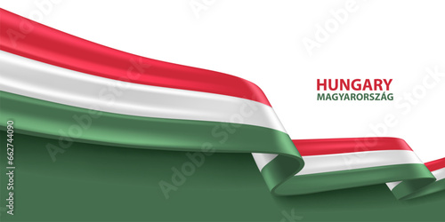 Hungary 3D ribbon flag. Bent waving 3D flag in colors of the Hungary national flag. National flag background design.