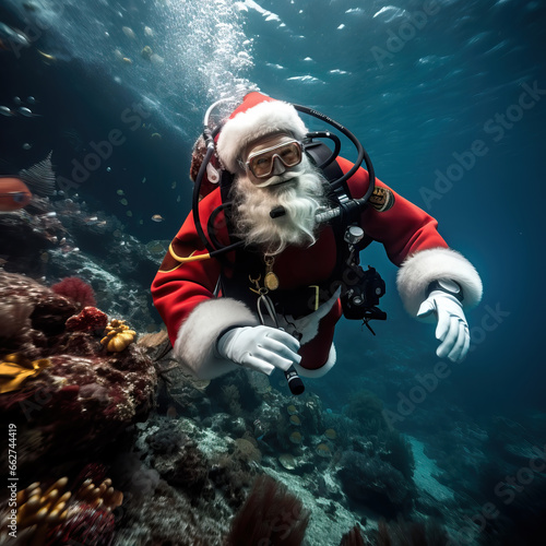 Funny Christmas scene of Santa Claus scuba diving in tropical ocean on holidays.