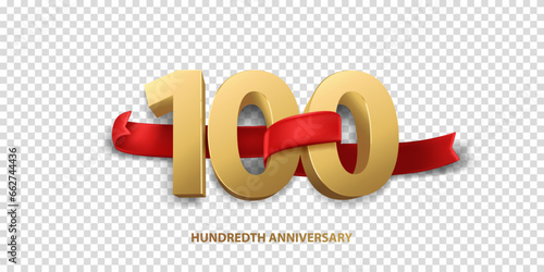 100th Year anniversary celebration background. 3D Golden number wrapped with red ribbon and confetti, isolated on transparent background. photo