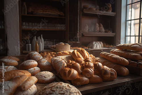 A variety of fresh baked goods and bread on the counter of the store