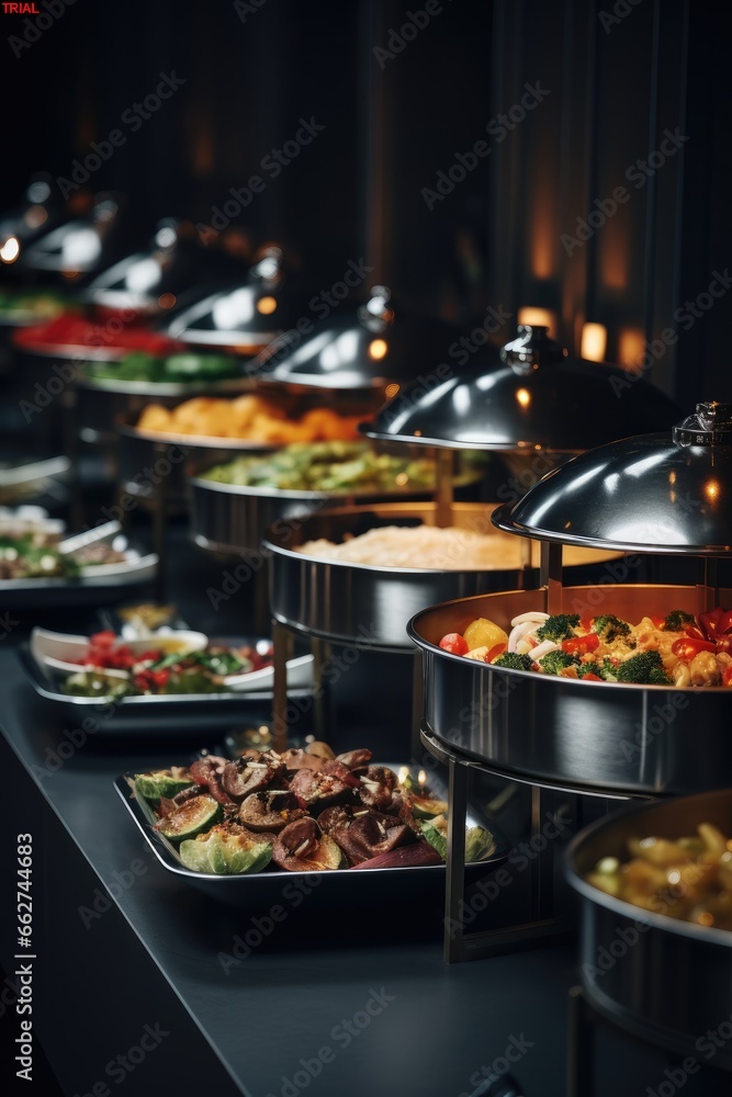 Catering group presenting a vibrant buffet spread indoors, adorned with colorful meats, fruits, and vegetables