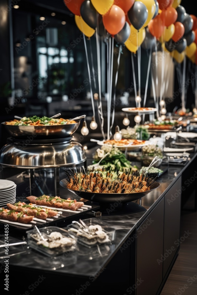 Catering group presenting a vibrant buffet spread indoors, adorned with colorful meats, fruits, and vegetables