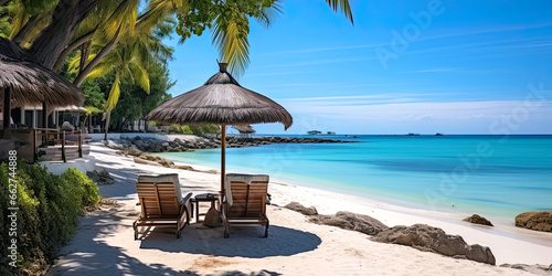 Two sun loungers under an umbrella on the beach overlooking the sea, vacation concept, web banner