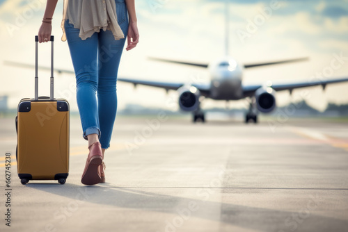 Close up of young woman with a suitcase walking at airport in background of blurred airplane. Travel concept of vacation and holiday.