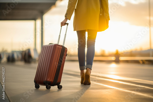 Close up of young woman with a suitcase walking at airport in background of blurred airplane. Travel concept of vacation and holiday.
