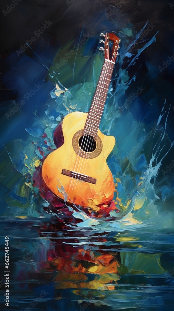 Closeup acoustic guitar watercolor created with generative picture Ai generated art