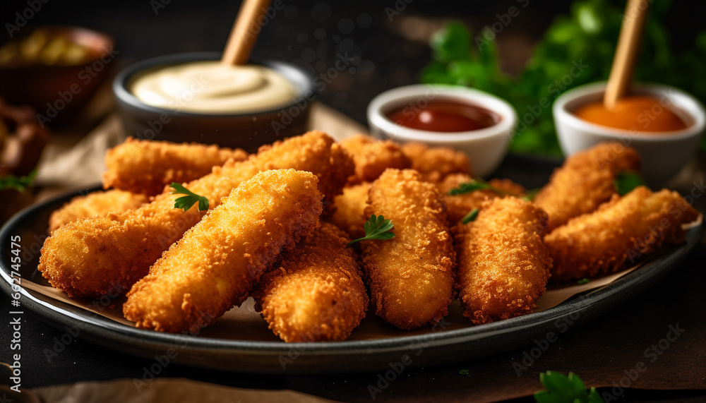 A plate of deep fried seafood with a savory dip sauce generated by AI A plate of deep fried seafood with a savory dip sauce generated by AI