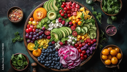 A healthy salad bowl with fresh organic vegetables and fruits generated by AI