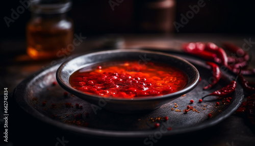 A spicy homemade appetizer chili pepper tomato dip on crockery generated by AI