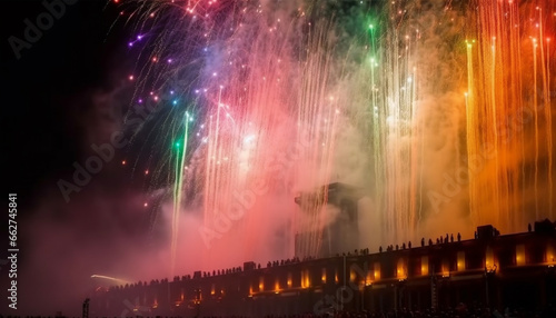 Fourth of July celebration Glowing, multi colored firework display explodes generated by AI