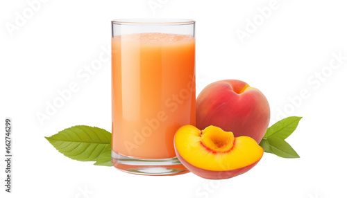 glass of juice and peach fruits isolated on transparent background cutout