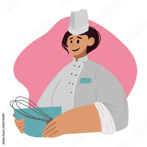 Vector portrait of a girl in a chef's jacket and hat with a large bowl and whisk in her hands. She is a chef, culinary school student or culinary course instructor.