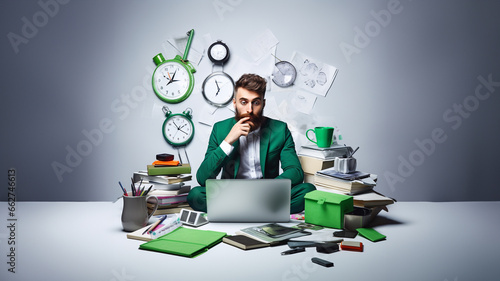 Tired and sad businessman sitting over laptop and pile of documents. Many tasks; hard work and fatigue.; Time pressure. Office items. Dark blue background. Generative AI