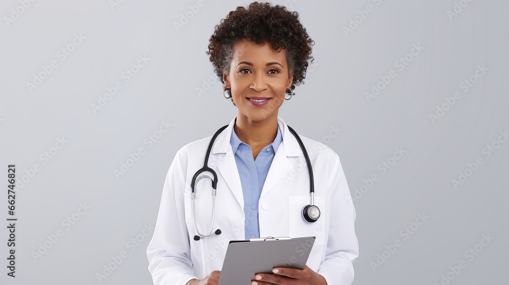 African American medical doctor. Middle aged woman in white coat with stethoscope. Professional physician holding paper clipboard. studio waist up portrait on gray background. African American medical doctor. Middle aged woman in white coat with stethoscope. Professional physician holding paper clipboard. studio waist up portrait on gray background.