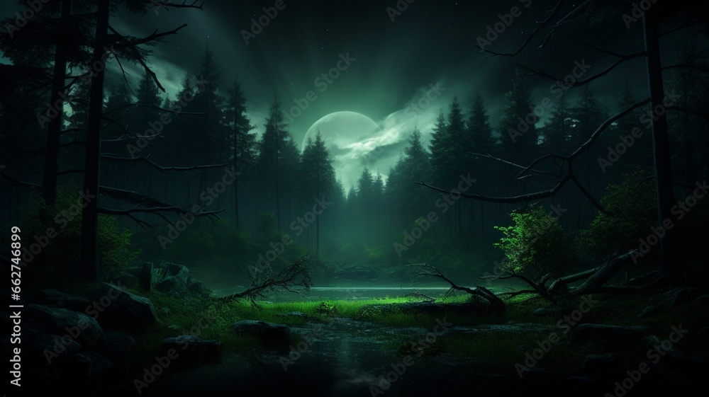 Green dark magical forest night fantasy wallpaper image Ai generated art