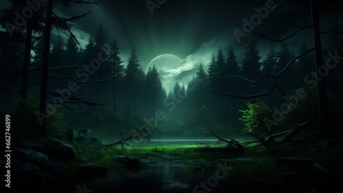 Green dark magical forest night fantasy wallpaper image Ai generated art © Manik007