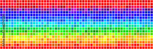 Horizontal seamless mosaic pixel rainbow abstract vivid backgraund. Multicolor gradient with dithering. Vector 16 bit illustration in retro style.