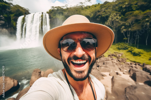 Happy blogger taking selfie on the background of a waterfall in the rainforest