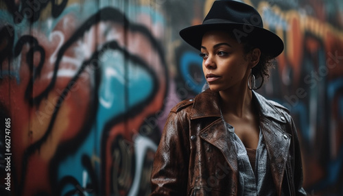 Young adult fashion model in leather jacket looking at camera generated by AI