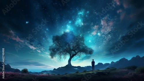 Man standing alone under night sky tree photography image Ai generated art