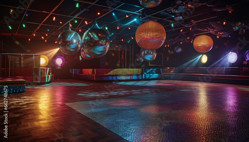 Vibrant colors illuminate modern nightclub stage with glowing lanterns generated by AI © Stockgiu
