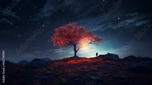 Man standing alone under night sky tree photography picture Ai generated art photo